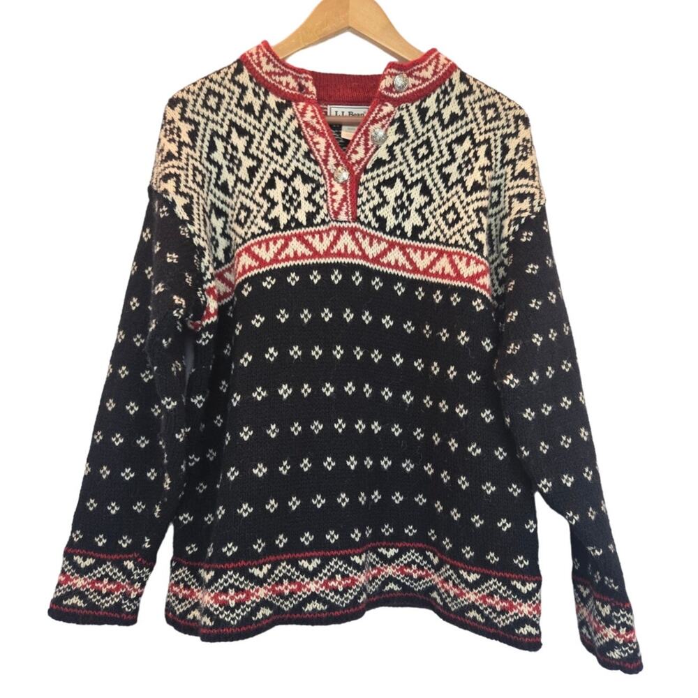 L.L. Bean Vintage 80s Nordic Fair Isle Knit Sweater Wool Handknit Women's Medium